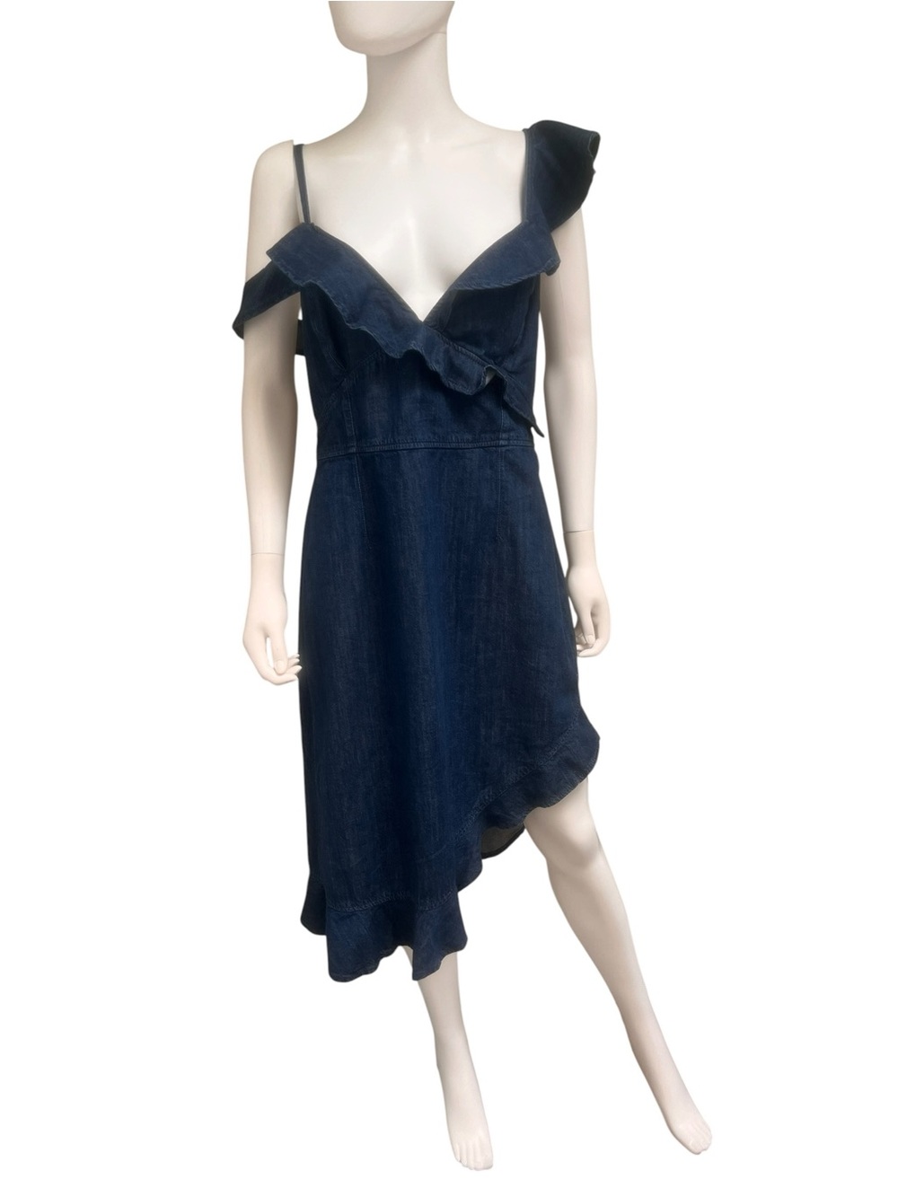 NWT-Reformation Blue Asymmetrical Ruffle Denim Dress. Size 12. Boho. Western.